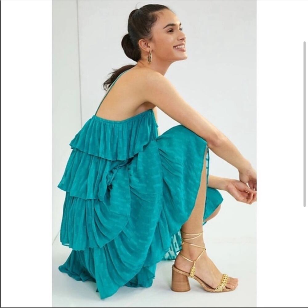 Anthropologie Tiered Ruffled Midi
Dress Metallic Layered 
Blue/Green Teal Small